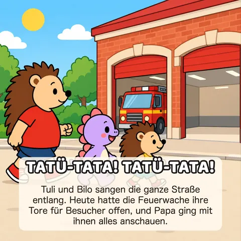 TATÜ-TATA! TATÜ-TATA! Tuli und Bilo sangen die ganze Straße entlang. Heute hatte die Feuerwache ihre Tore für Besucher offen, und Papa ging mit ihnen alles anschauen.