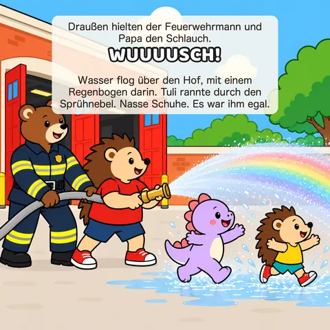 Draußen hielten der Feuerwehrmann und Papa den Schlauch. WUUUUSCH! Wasser flog über den Hof, mit einem Regenbogen darin. Tuli rannte durch den Sprühnebel. Nasse Schuhe. Es war ihm egal.