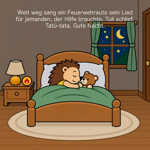 Weit weg sang ein Feuerwehrauto sein Lied für jemanden, der Hilfe brauchte. Tuli schlief. Tatü-tata. Gute Nacht.