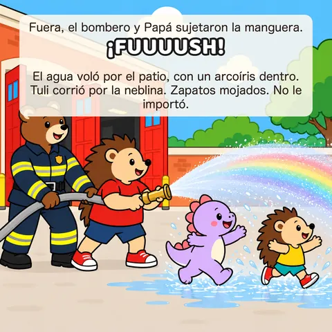 Fuera, el bombero y Papá sujetaron la manguera. ¡FUUUUSH! El agua voló por el patio, con un arcoíris dentro. Tuli corrió por la neblina. Zapatos mojados. No le importó.