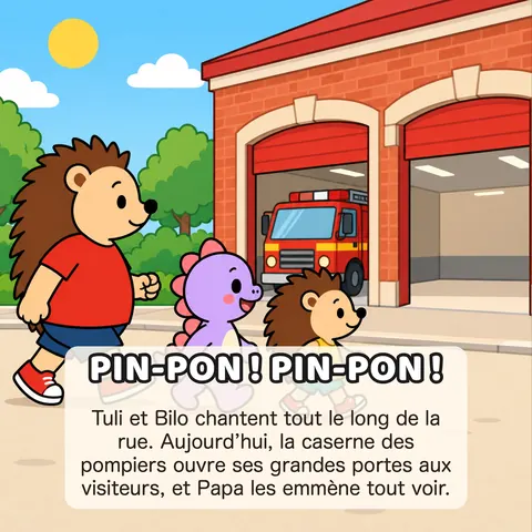 PIN-PON ! PIN-PON ! Tuli et Bilo chantent tout le long de la rue. Aujourd’hui, la caserne des pompiers ouvre ses grandes portes aux visiteurs, et Papa les emmène tout voir.