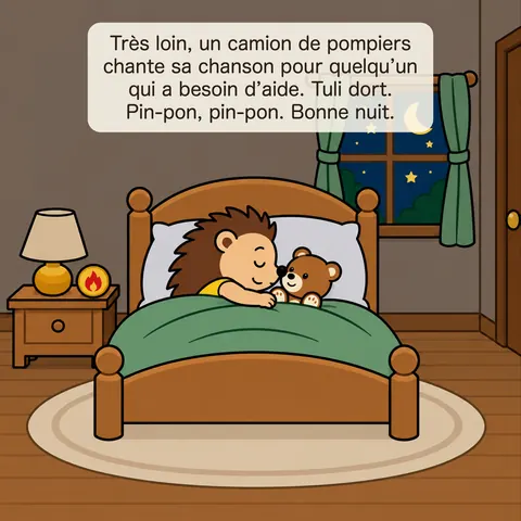 Très loin, un camion de pompiers chante sa chanson pour quelqu’un qui a besoin d’aide. Tuli dort. Pin-pon, pin-pon. Bonne nuit.