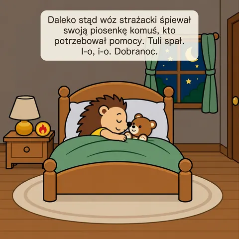 Daleko stąd wóz strażacki śpiewał swoją piosenkę komuś, kto potrzebował pomocy. Tuli spał. I-o, i-o. Dobranoc.